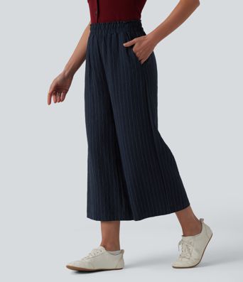 Pantalon casual 7/8 large ample mélange lin taille haute à rayures avec poches