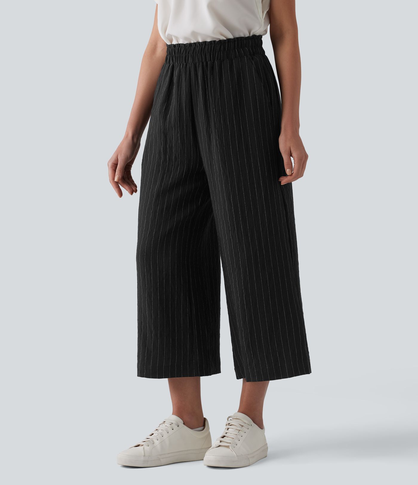 High Waisted Wide Leg Stripe Cropped Casual Linen-Blend Trousers with Pockets