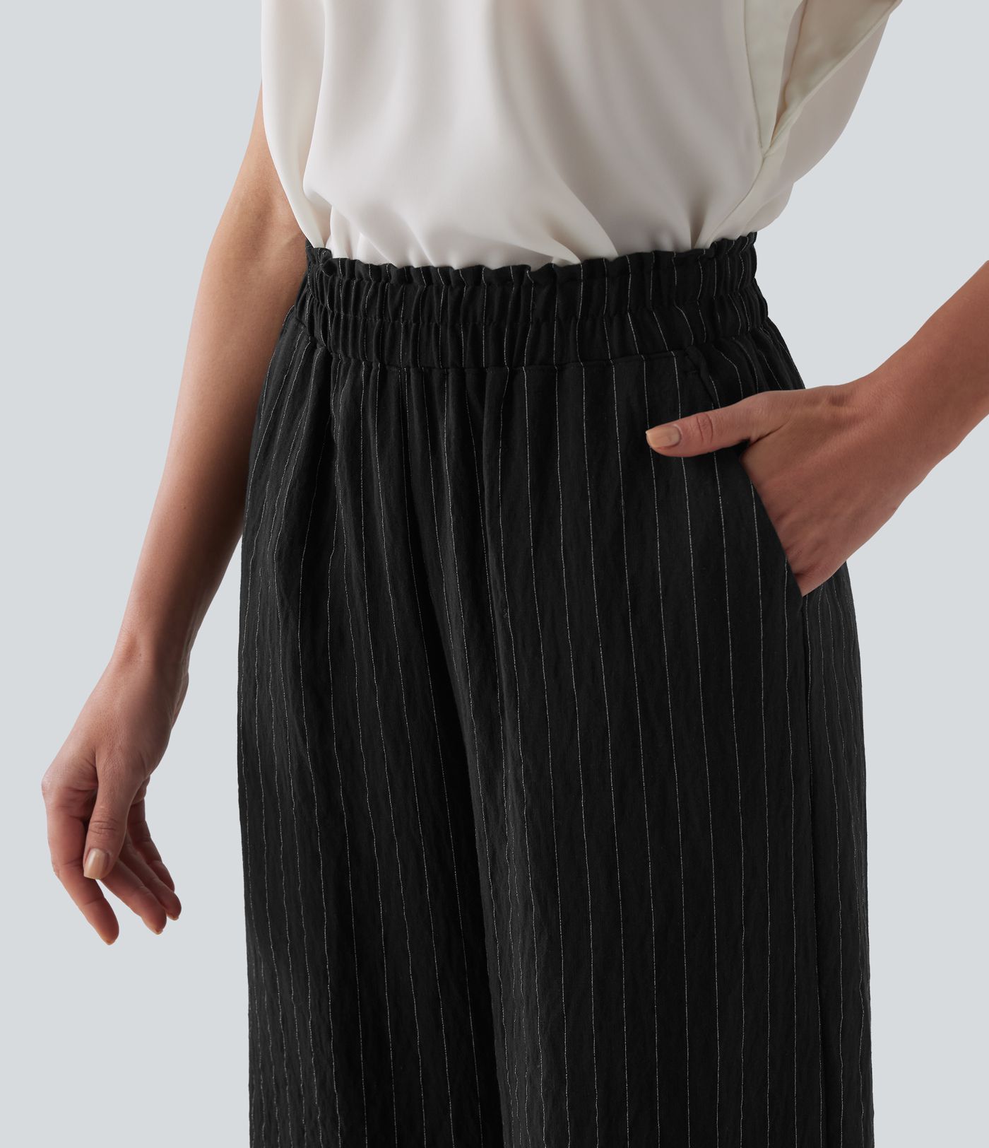 High Waisted Wide Leg Stripe Cropped Casual Linen-Blend Trousers with Pockets