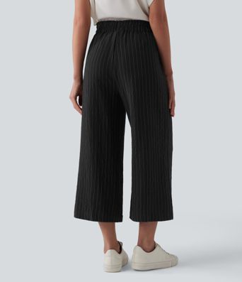 High Waisted Wide Leg Stripe Cropped Casual Linen-Blend Trousers with Pockets