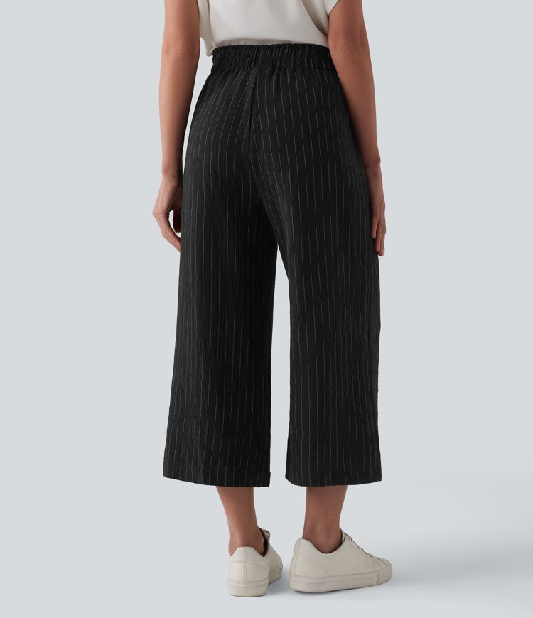 High Waisted Wide Leg Stripe Cropped Casual Linen-Blend Trousers with Pockets