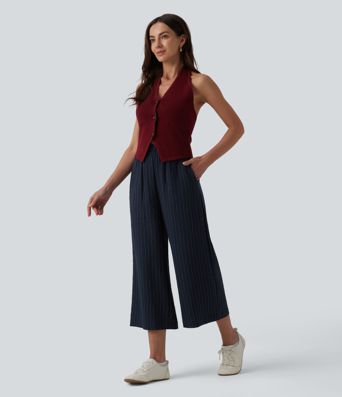Pantalon casual 7/8 large ample mélange lin taille haute à rayures avec poches