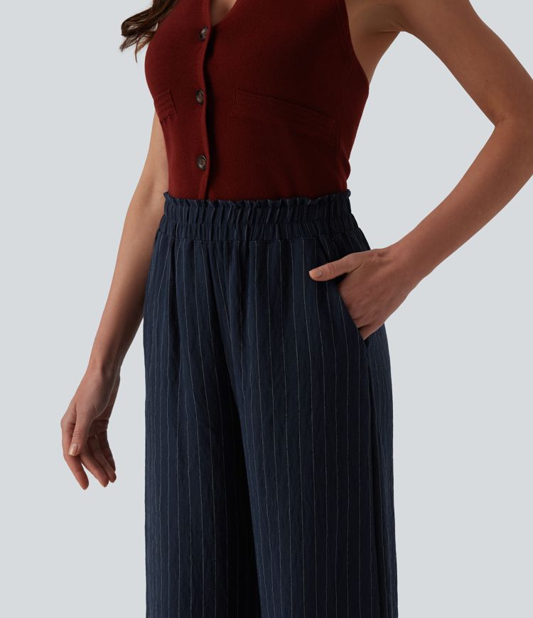 Pantalon casual 7/8 large ample mélange lin taille haute à rayures avec poches