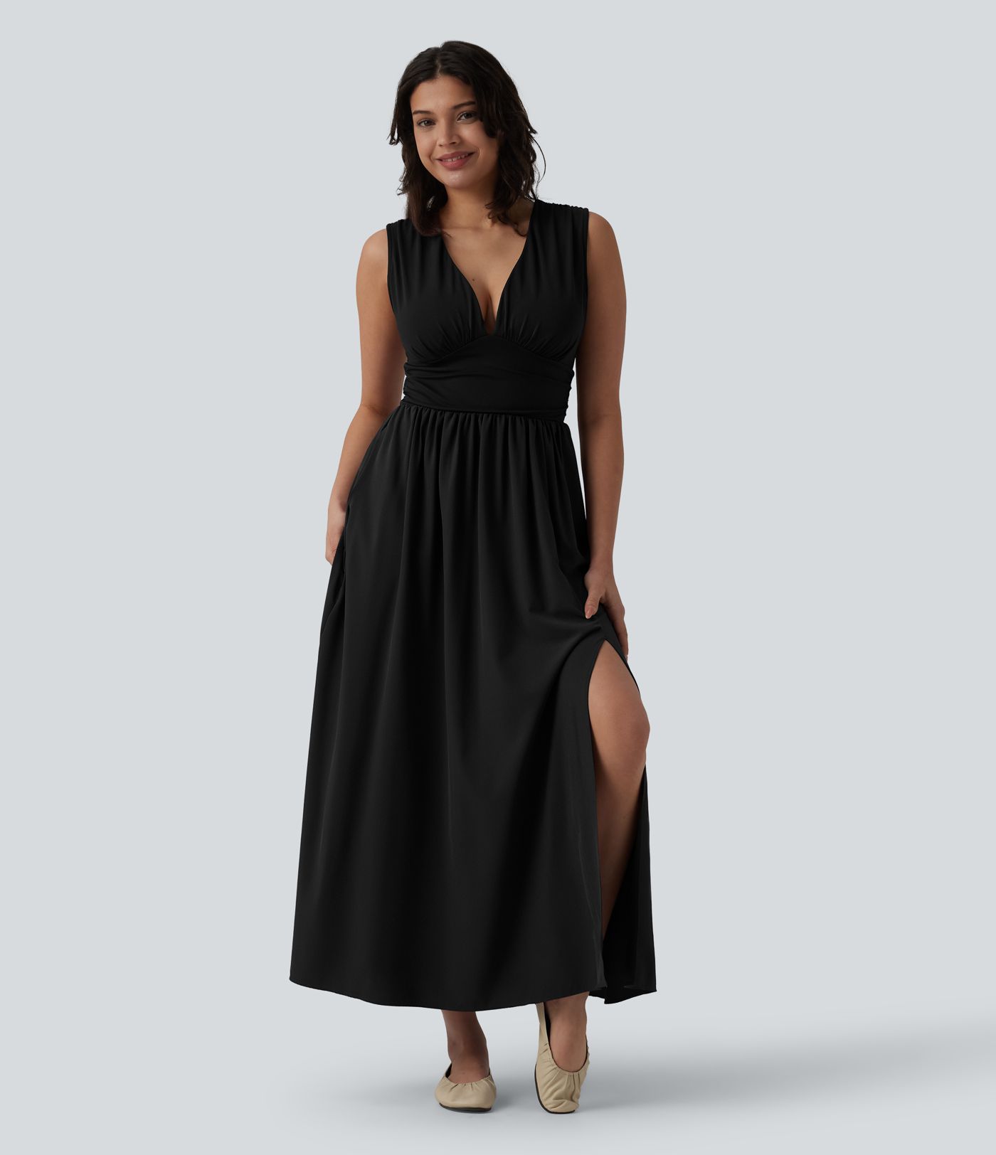 V Neck Sleeveless Flowy Maxi Casual Dress