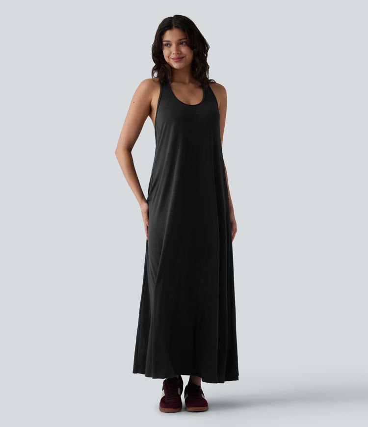 Robe longue fluide casual col U Robe longue fluide casual col U
