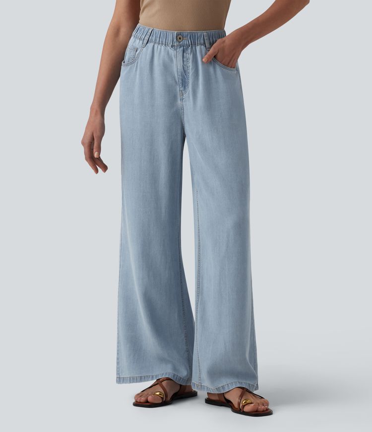 Mid Rise Draped Wide Leg Casual Jeans with Pockets