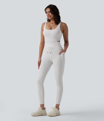 U Neck Cut Out Drawstring Tummy Control Stripe Yoga Jumpsuit with Pockets-Easy Peezy Edition