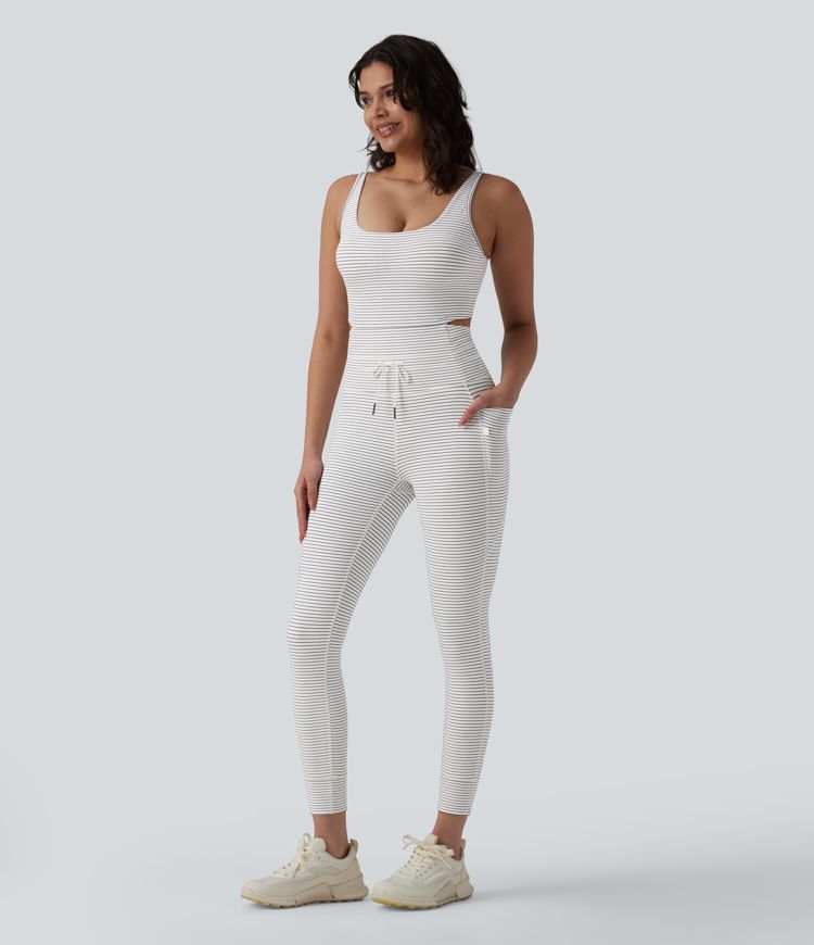 U Neck Cut Out Drawstring Tummy Control Stripe Yoga Jumpsuit with Pockets-Easy Peezy Edition