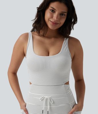 U Neck Cut Out Drawstring Tummy Control Stripe Yoga Jumpsuit with Pockets-Easy Peezy Edition