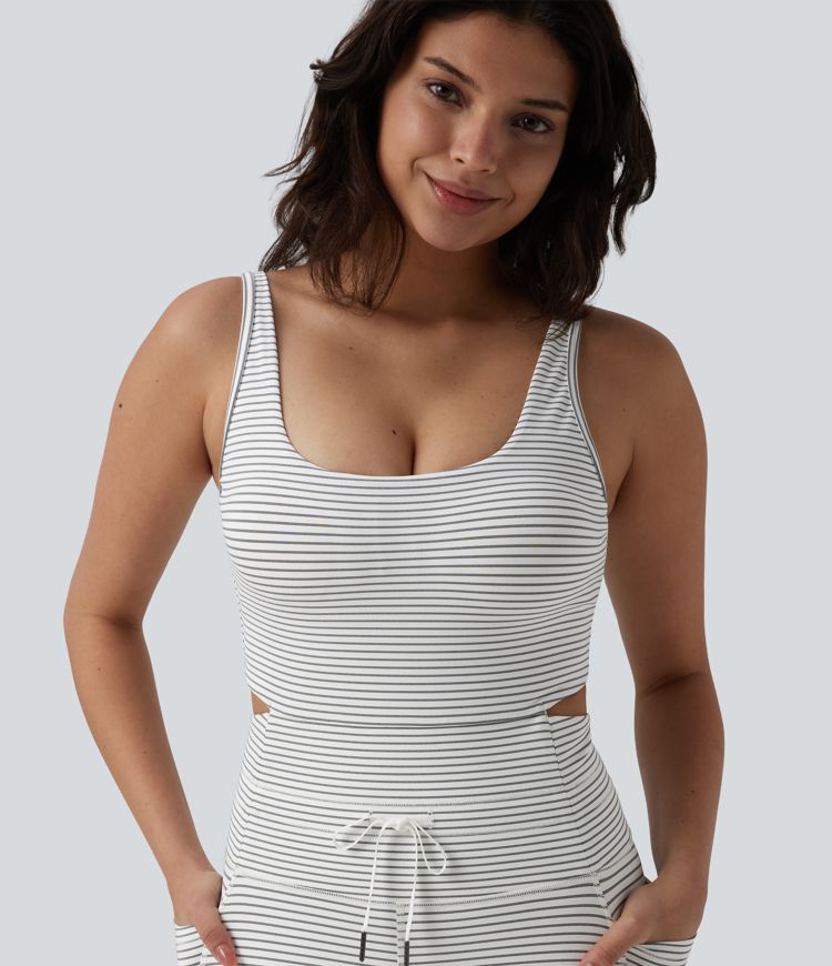 U Neck Cut Out Drawstring Tummy Control Stripe Yoga Jumpsuit with Pockets-Easy Peezy Edition