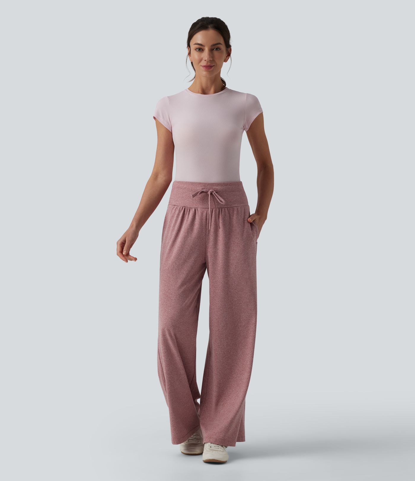 Pantalon casual large gainant taille haute à cordon de serrage avec poches Pantalon casual large gainant taille haute à cordon de serrage avec poches