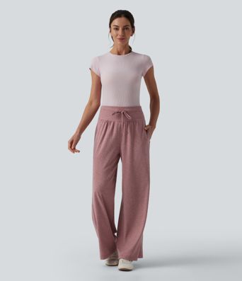 Pantalon casual large gainant taille haute à cordon de serrage avec poches Pantalon casual large gainant taille haute à cordon de serrage avec poches