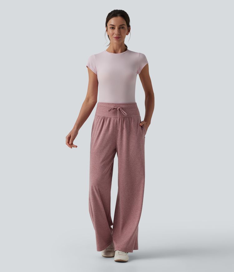 Pantalon casual large gainant taille haute à cordon de serrage avec poches Pantalon casual large gainant taille haute à cordon de serrage avec poches