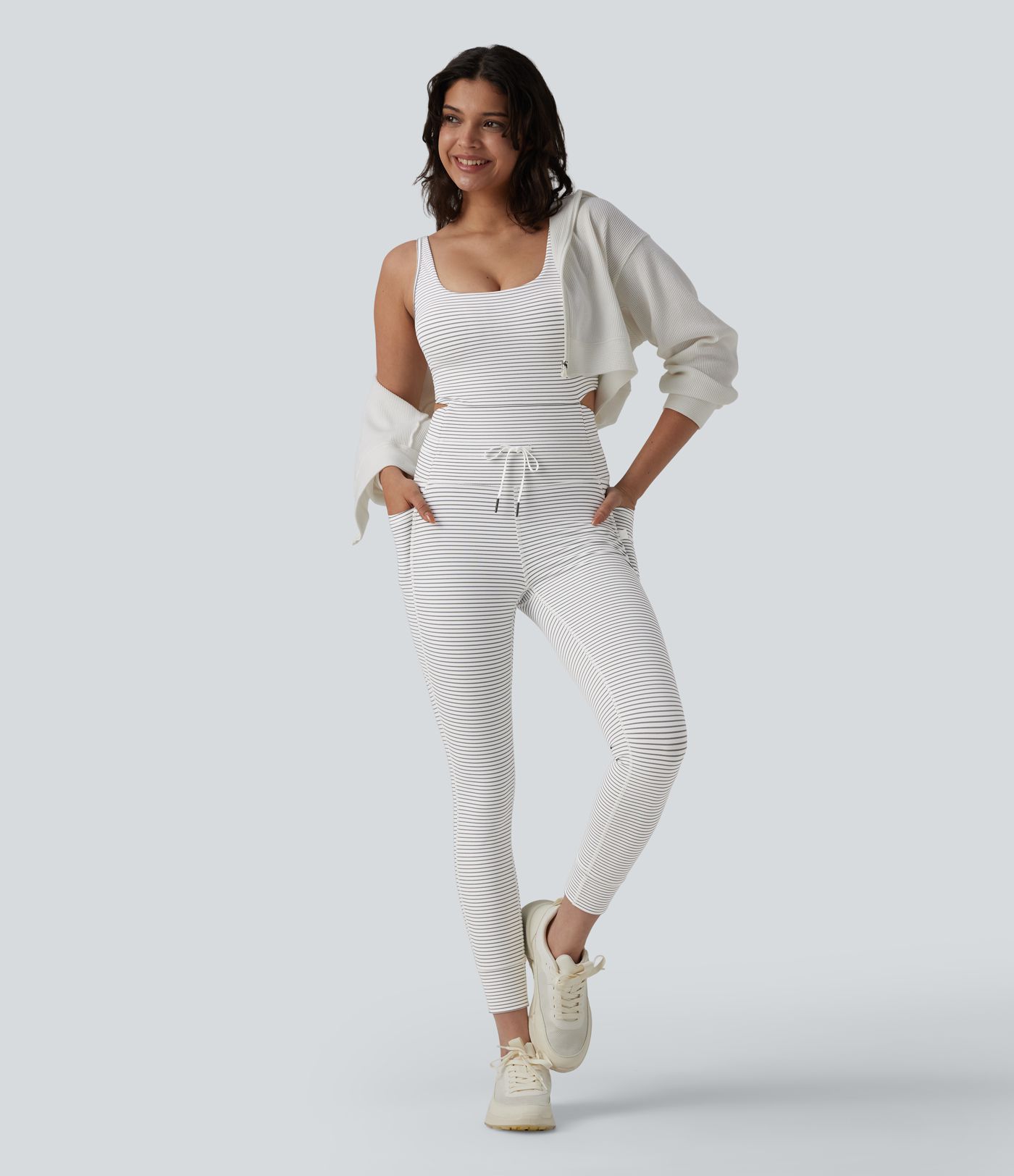 U Neck Cut Out Drawstring Tummy Control Stripe Yoga Jumpsuit with Pockets-Easy Peezy Edition