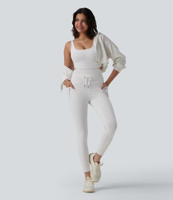 U Neck Cut Out Drawstring Tummy Control Stripe Yoga Jumpsuit with Pockets-Easy Peezy Edition