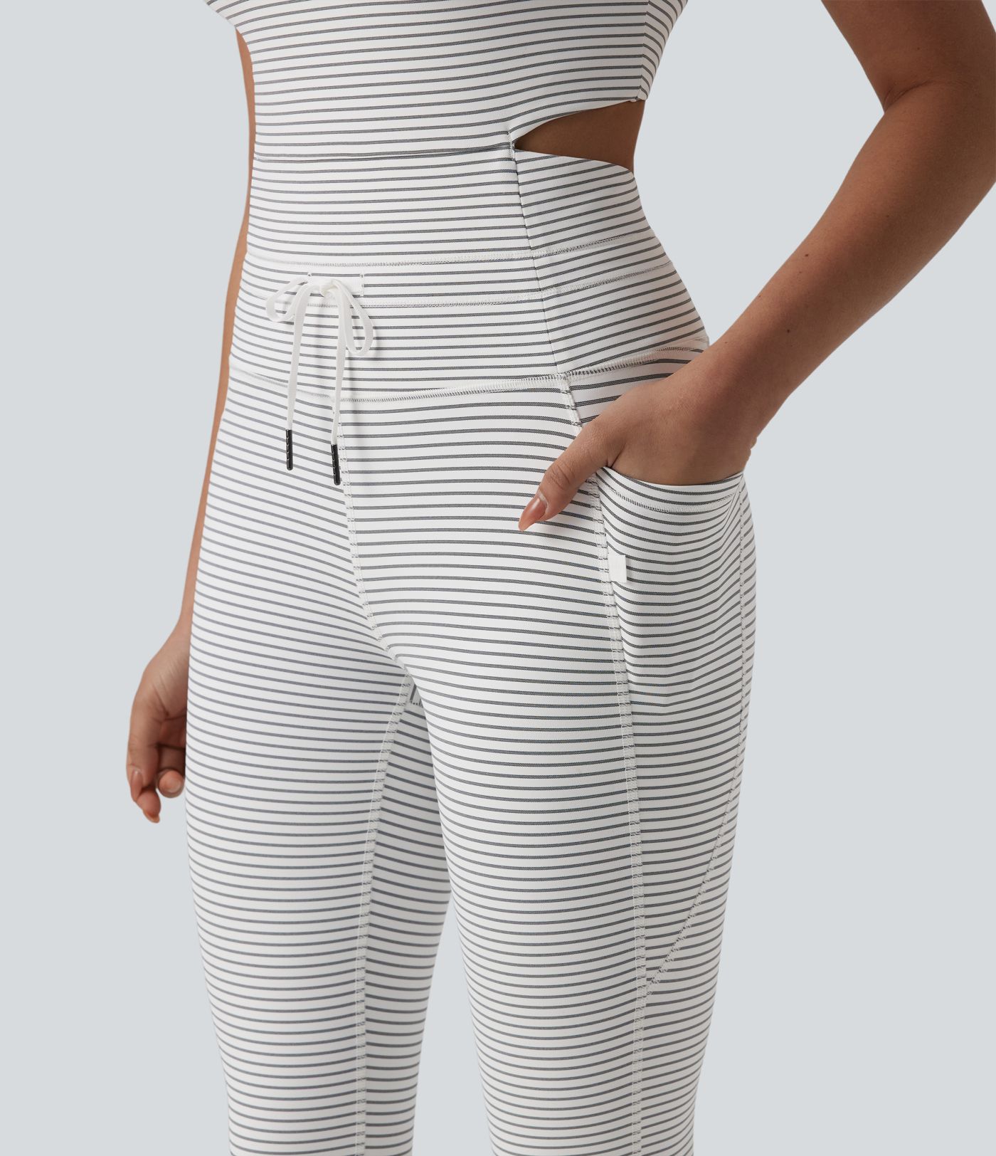U Neck Cut Out Drawstring Tummy Control Stripe Yoga Jumpsuit with Pockets-Easy Peezy Edition