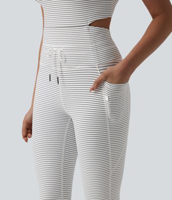 U Neck Cut Out Drawstring Tummy Control Stripe Yoga Jumpsuit with Pockets-Easy Peezy Edition