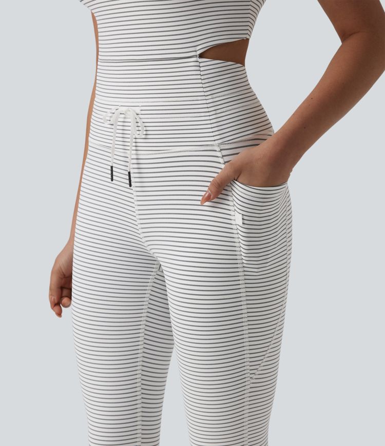 U Neck Cut Out Drawstring Tummy Control Stripe Yoga Jumpsuit with Pockets-Easy Peezy Edition