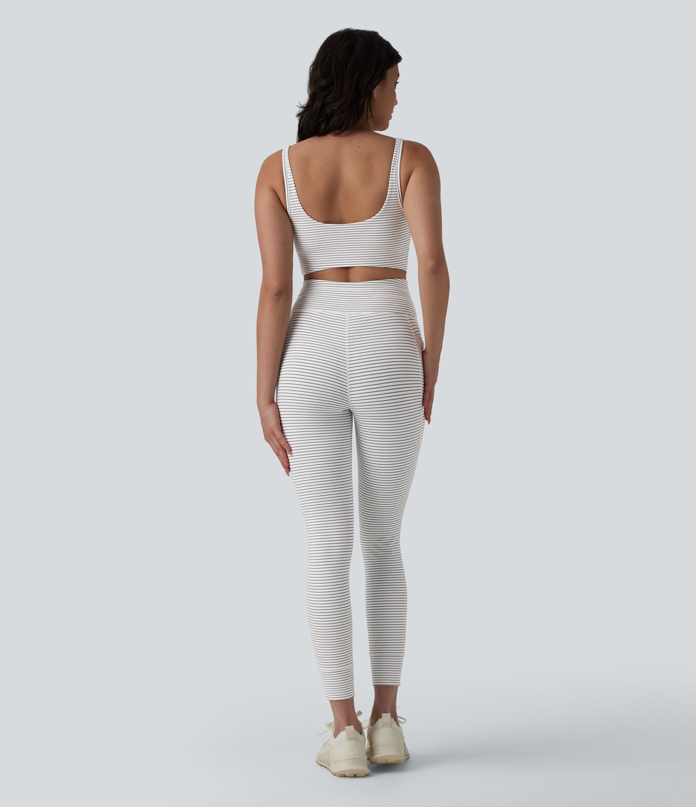 U Neck Cut Out Drawstring Tummy Control Stripe Yoga Jumpsuit with Pockets-Easy Peezy Edition