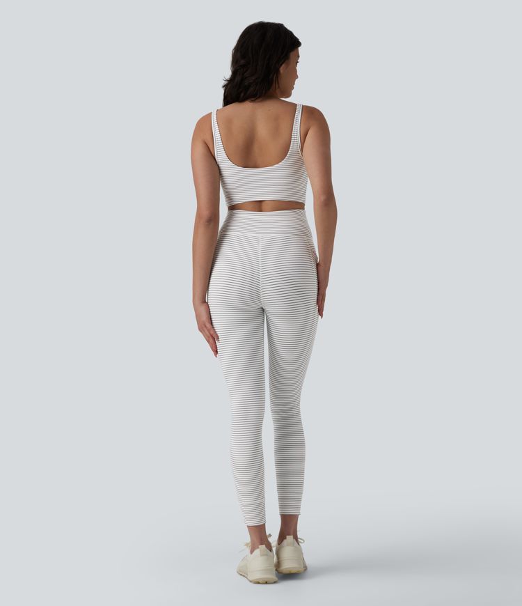 U Neck Cut Out Drawstring Tummy Control Stripe Yoga Jumpsuit with Pockets-Easy Peezy Edition