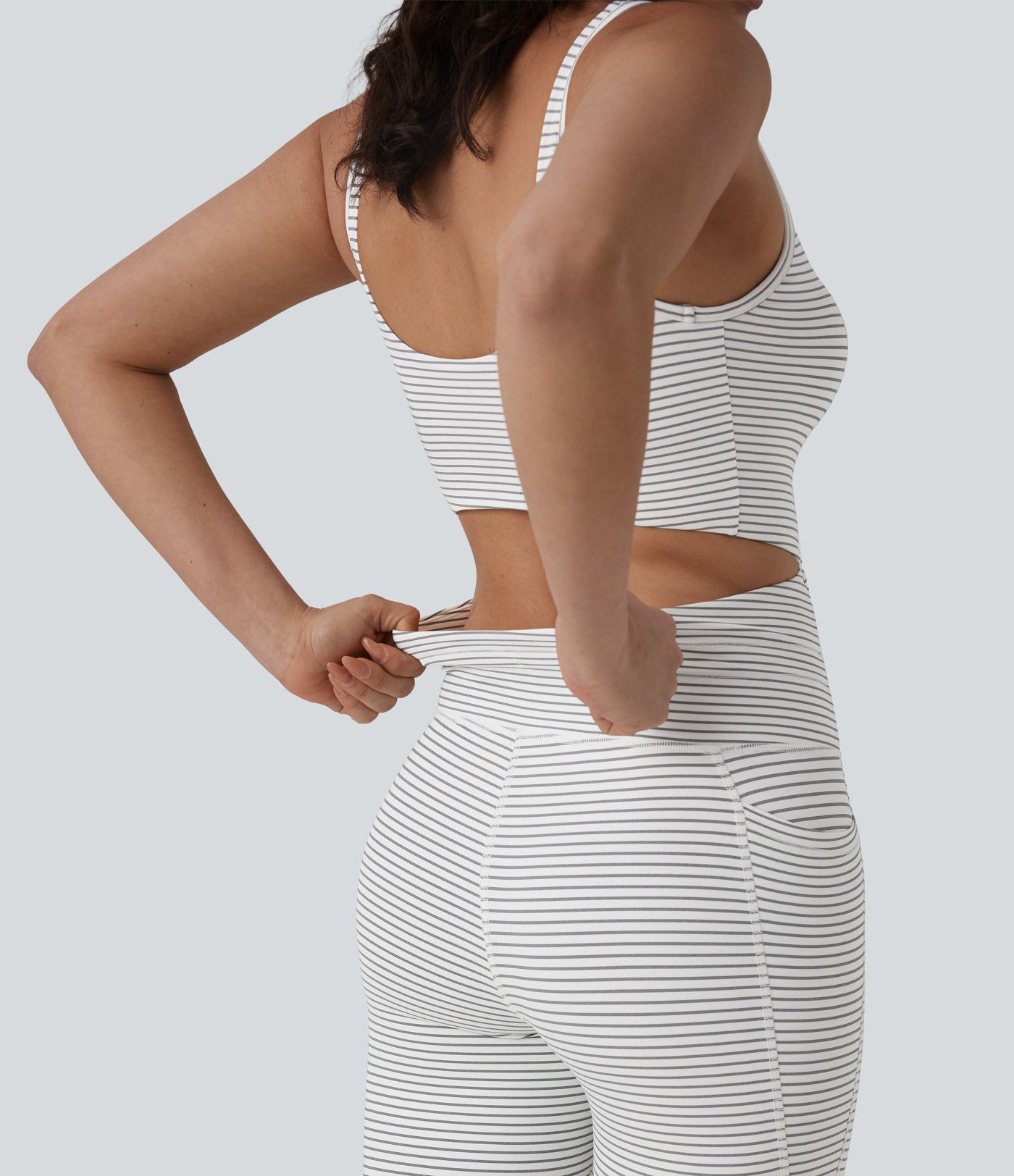 U Neck Cut Out Drawstring Tummy Control Stripe Yoga Jumpsuit with Pockets-Easy Peezy Edition