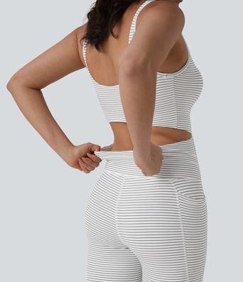 U Neck Cut Out Drawstring Tummy Control Stripe Yoga Jumpsuit with Pockets-Easy Peezy Edition