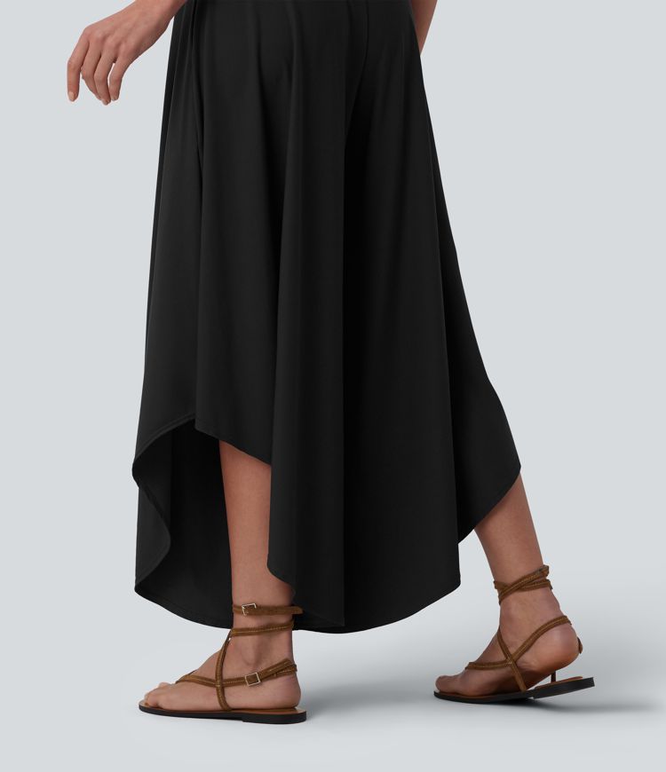 High Waisted Tummy Control Ruffle Hem Baggy Pants with Pockets