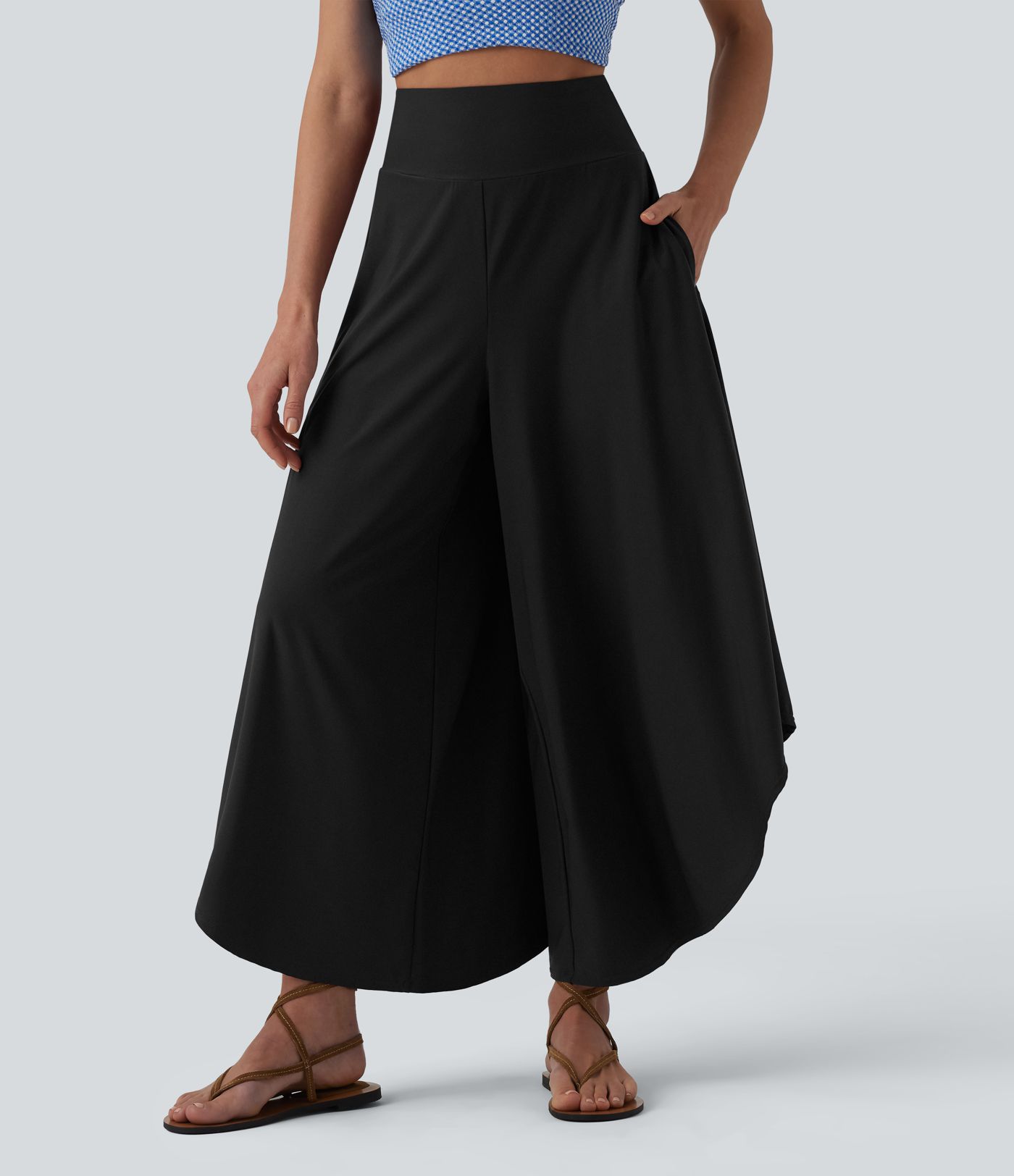 High Waisted Tummy Control Ruffle Hem Baggy Pants with Pockets