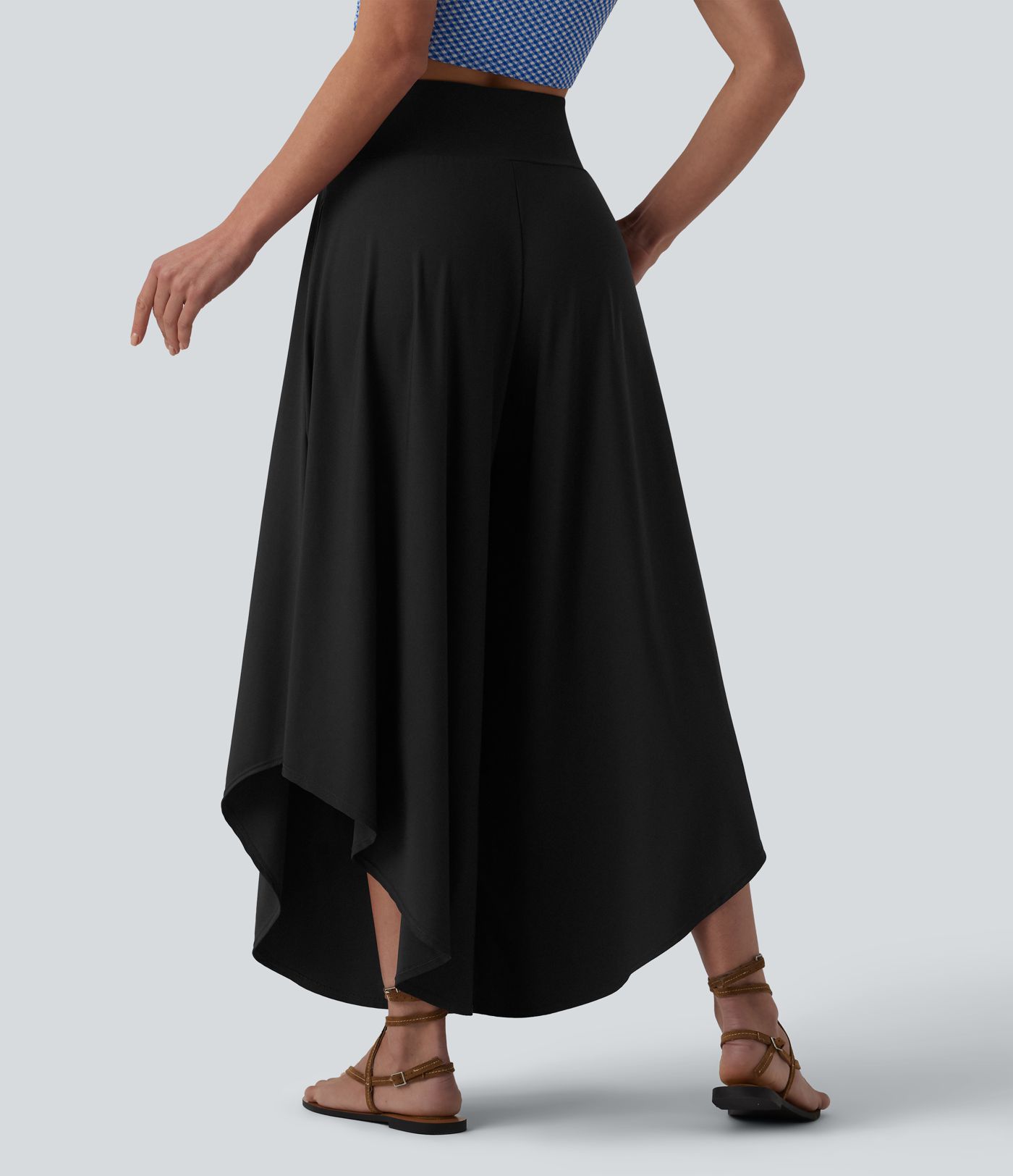 High Waisted Tummy Control Ruffle Hem Baggy Pants with Pockets