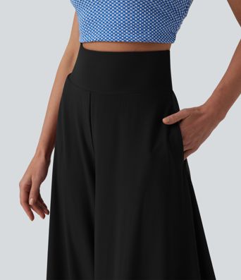 High Waisted Tummy Control Ruffle Hem Baggy Pants with Pockets