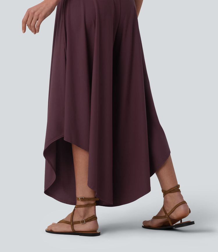 High Waisted Tummy Control Ruffle Hem Baggy Trousers with Pockets