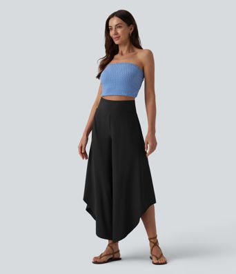 High Waisted Tummy Control Ruffle Hem Baggy Pants with Pockets