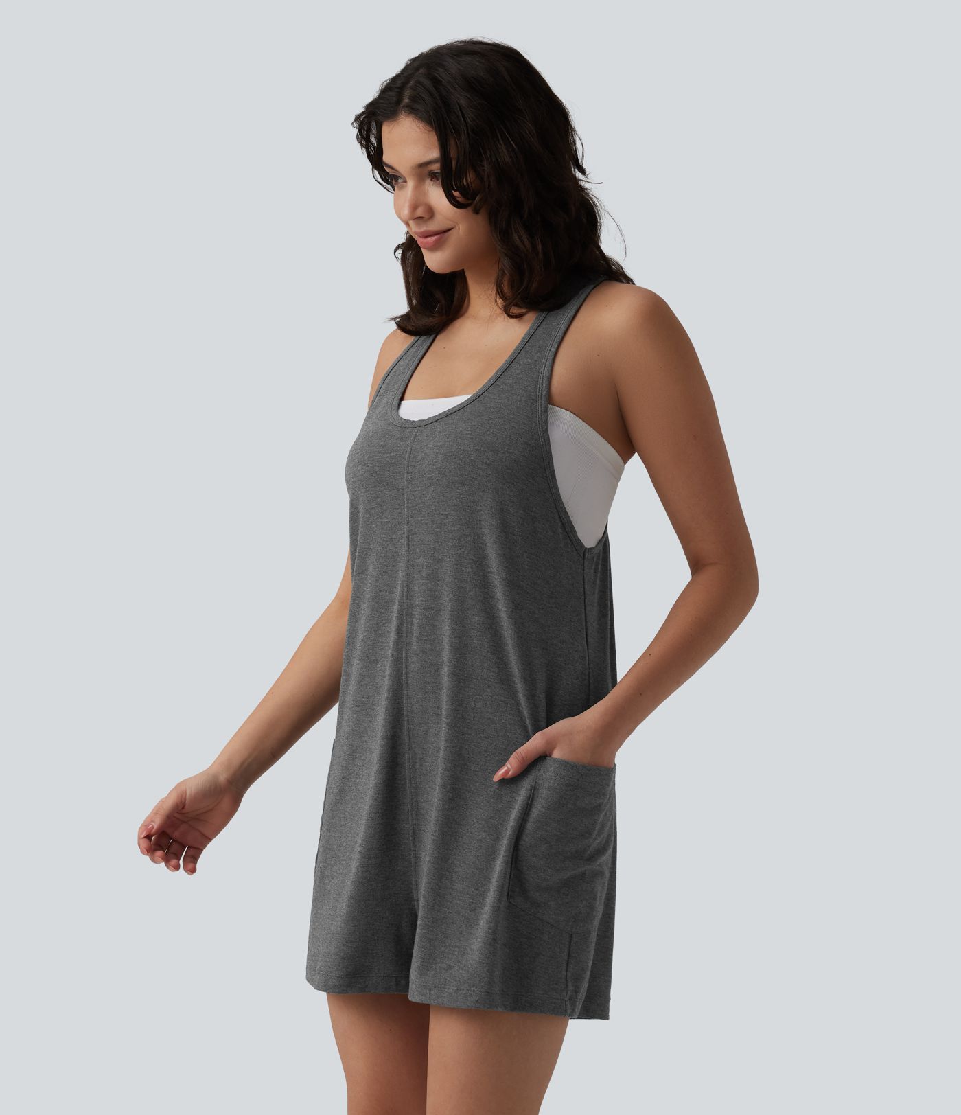U Neck Heathered Casual Romper with Pockets