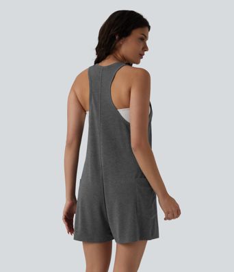 U Neck Heathered Casual Romper with Pockets