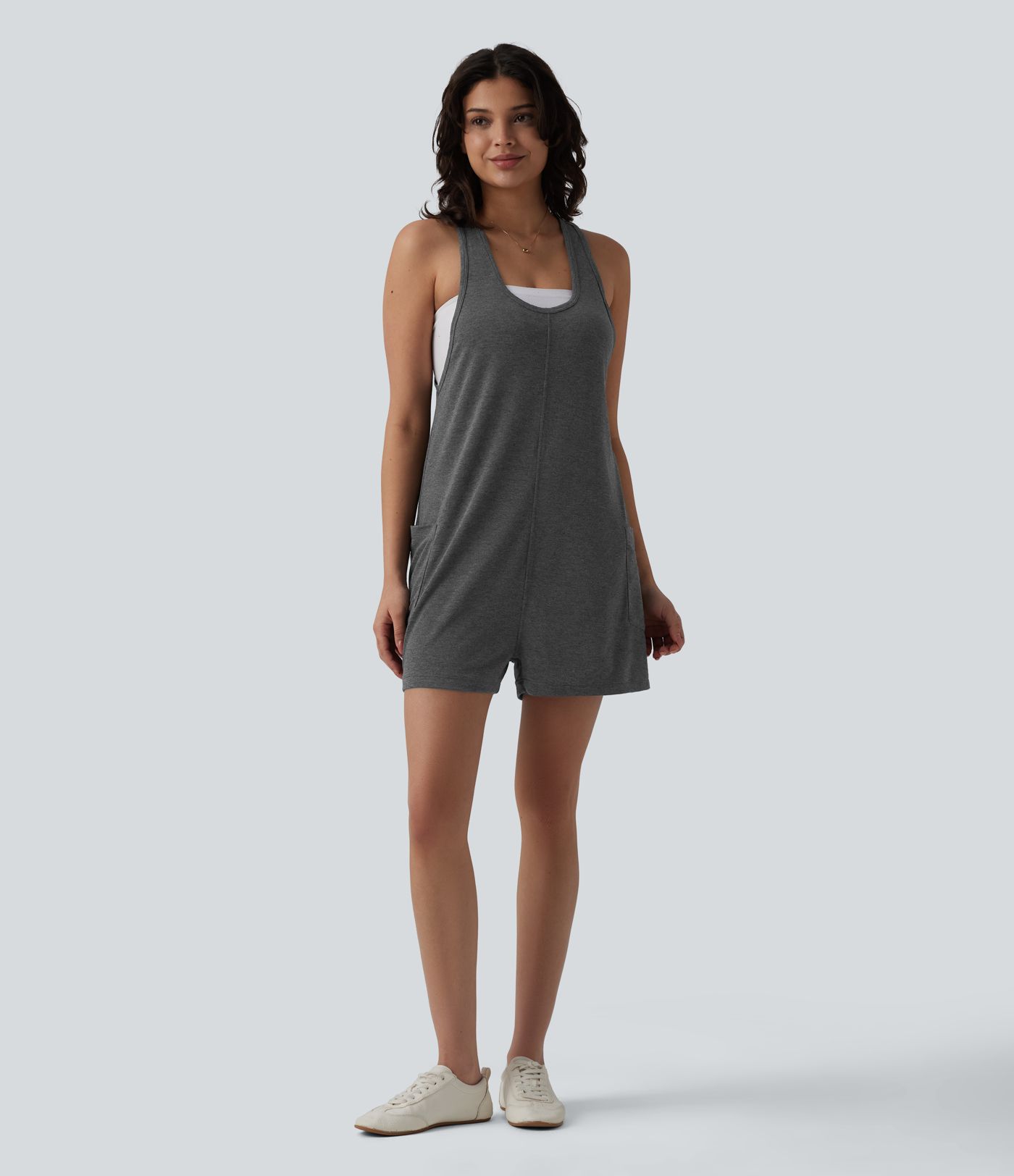 U Neck Heathered Casual Romper with Pockets