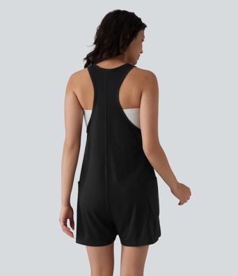 Melanżowy, codzienny kombinezon (romper) z dekoltem w formie liter U i kieszeniami.