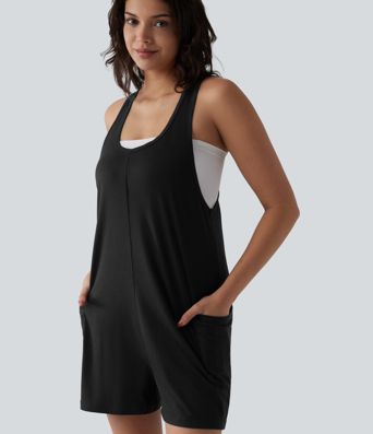 Melanżowy, codzienny kombinezon (romper) z dekoltem w formie liter U i kieszeniami.