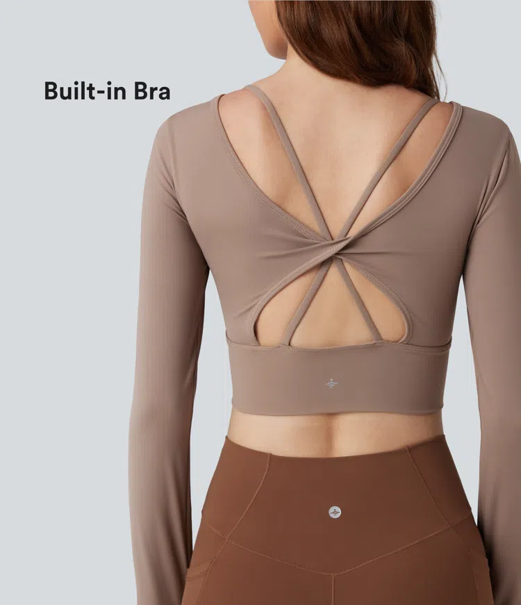 Warm Taupe Twisted Backless Long Sleeve Thumb Holes Cropped Yoga Sports Top / 1