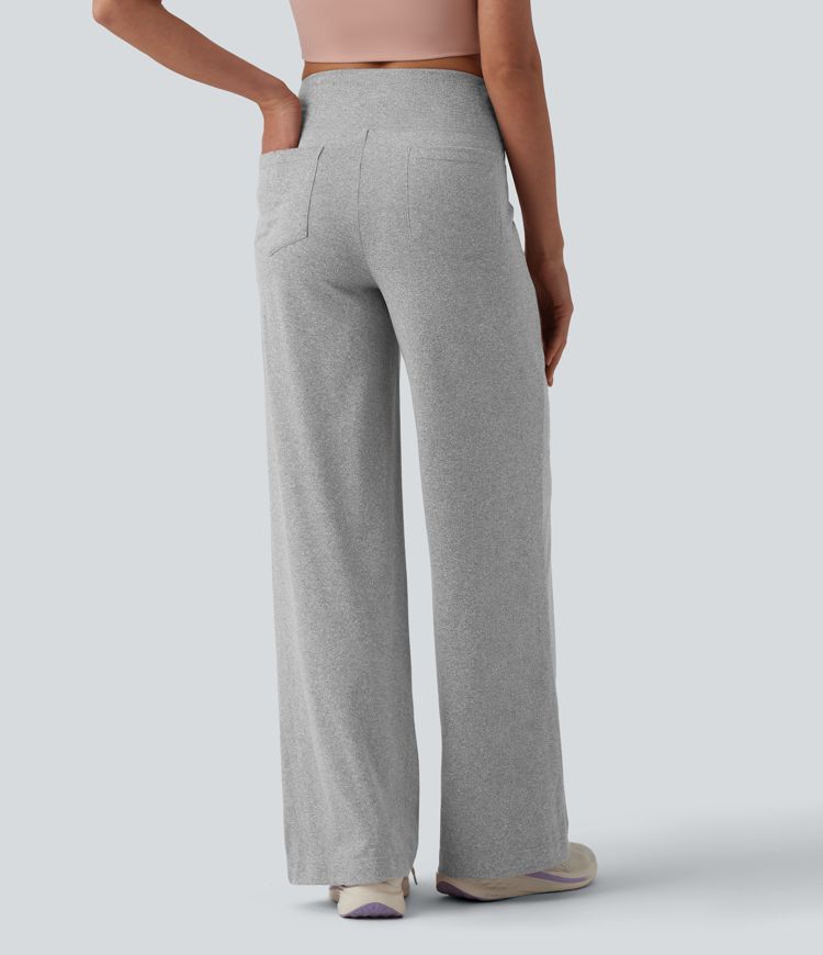 High Waisted Straight Leg Yoga Heathered Trousers with Pockets