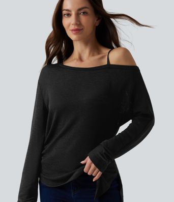 Semi Sheer One Shoulder Long Sleeve Asymmetric Hem Casual T-Shirt