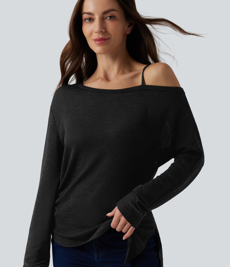 Semi Sheer One Shoulder Long Sleeve Asymmetric Hem Casual T-Shirt