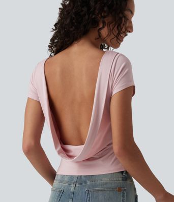 Boat Neck Short Sleeve Cowl Back Casual T-Shirt