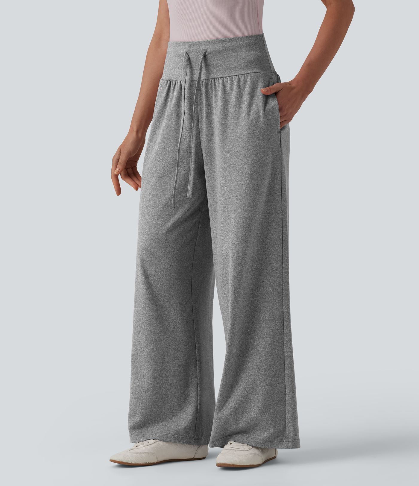Pantalon casual large gainant taille haute à cordon de serrage avec poches Pantalon casual large gainant taille haute à cordon de serrage avec poches