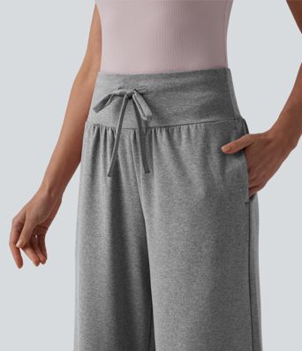 Pantalon casual large gainant taille haute à cordon de serrage avec poches Pantalon casual large gainant taille haute à cordon de serrage avec poches