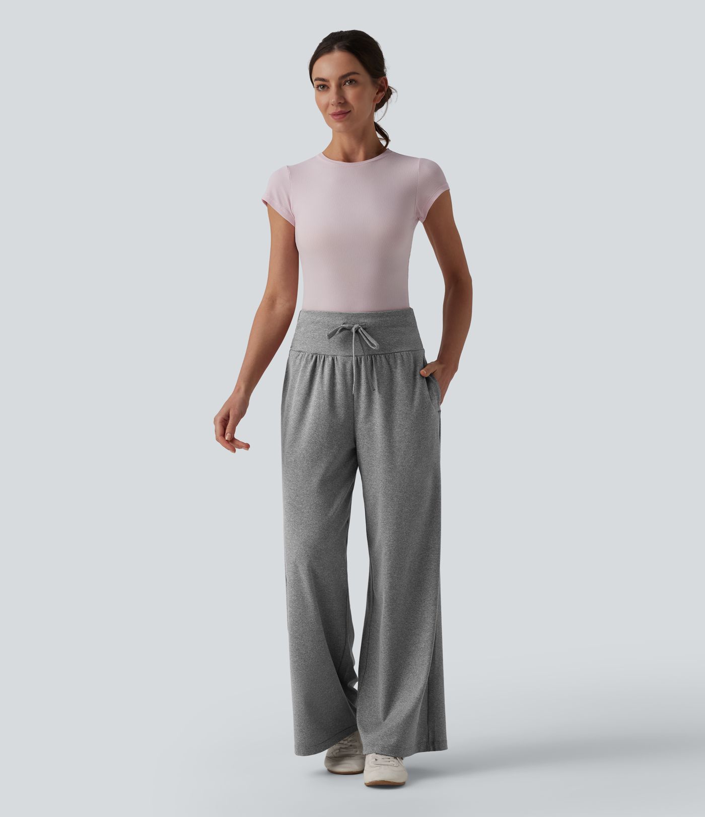 Pantalon casual large gainant taille haute à cordon de serrage avec poches Pantalon casual large gainant taille haute à cordon de serrage avec poches