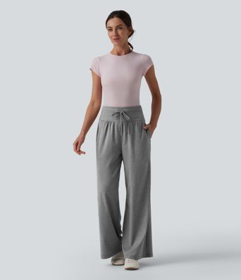 Pantalon casual large gainant taille haute à cordon de serrage avec poches Pantalon casual large gainant taille haute à cordon de serrage avec poches
