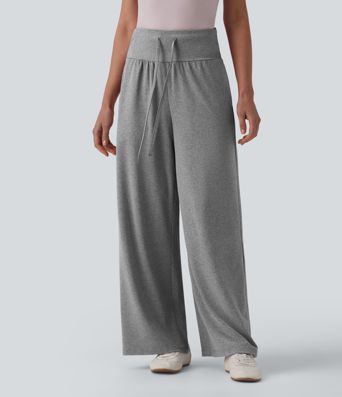 Pantalon casual large gainant taille haute à cordon de serrage avec poches Pantalon casual large gainant taille haute à cordon de serrage avec poches