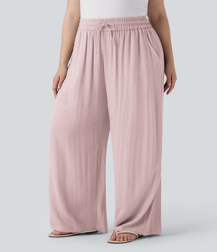 High Waisted Drawstring Linen-Feel Wide Leg Casual Plus Size Pants with Pockets