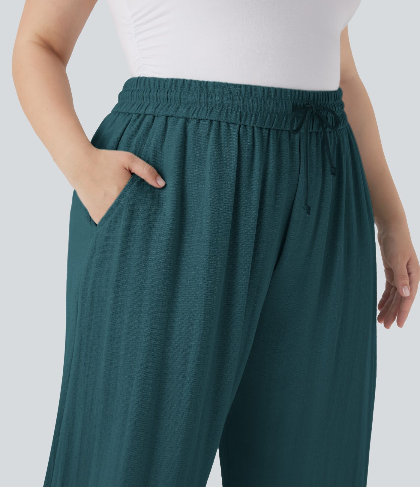 High Waisted Drawstring Linen-Feel Wide Leg Casual Plus Size Pants with Pockets