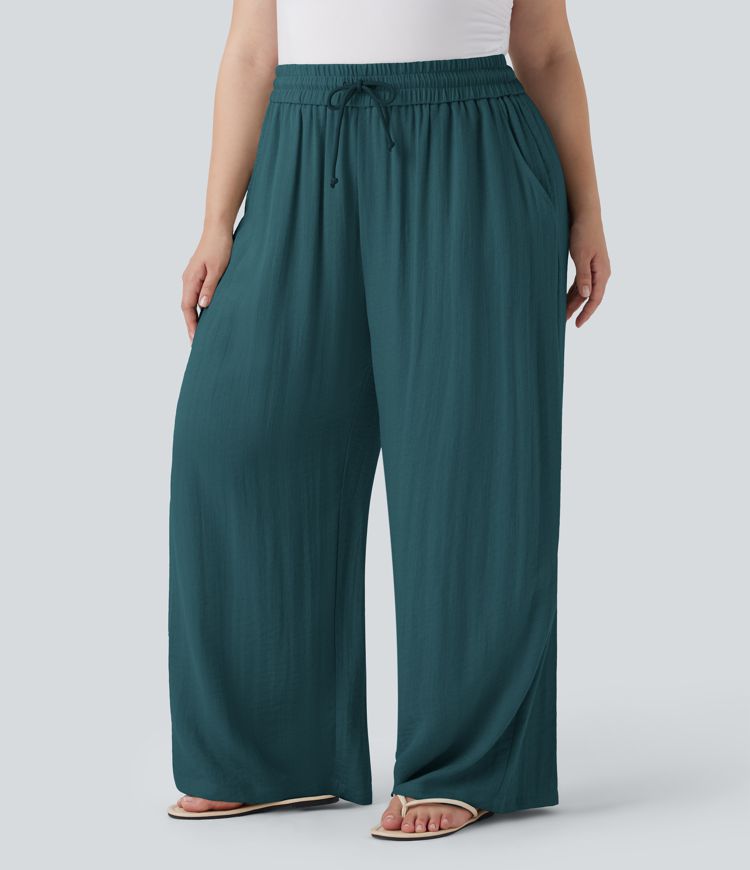 High Waisted Drawstring Linen-Feel Wide Leg Casual Plus Size Pants with Pockets